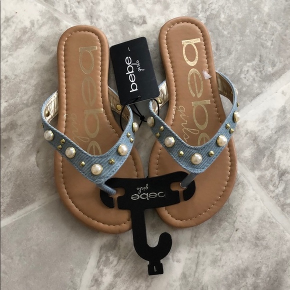 NWT BEBE girls studded beaded jeweled Pearls jeans denim sandals size 1